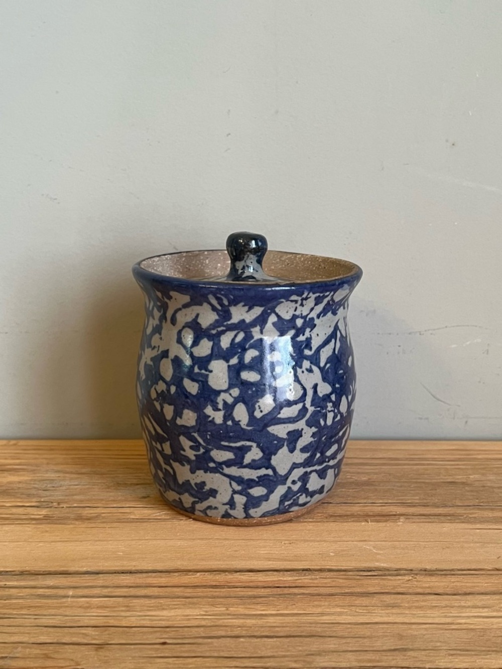 Bastine Pottery Indiana Blue Spongeware Stoneware Lidded Jar